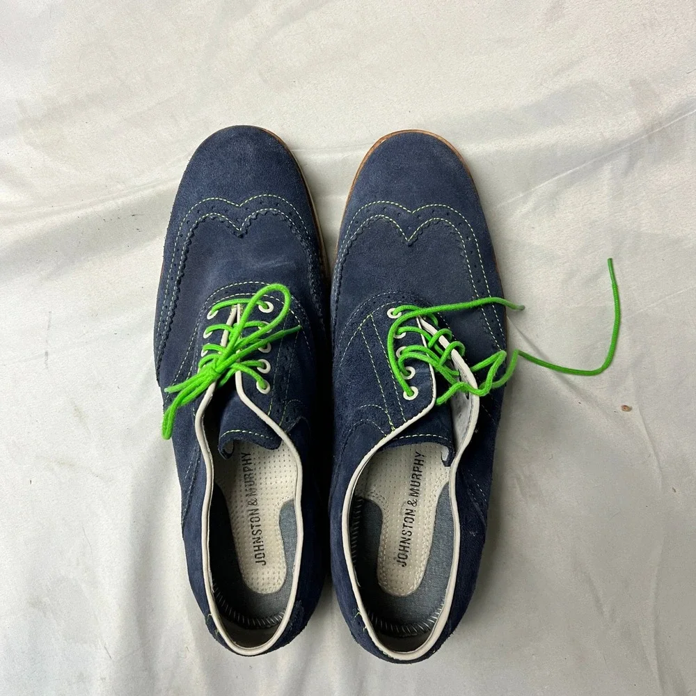 Johnston & Murphy Mens Wingtip Brogue‎ Suede Oxford Shoes Navy Green Laces 9M